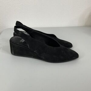 Eileen Fisher Devi Black Tumbled Nubuck Leather Slingback Wedge Sandals Size 6.5